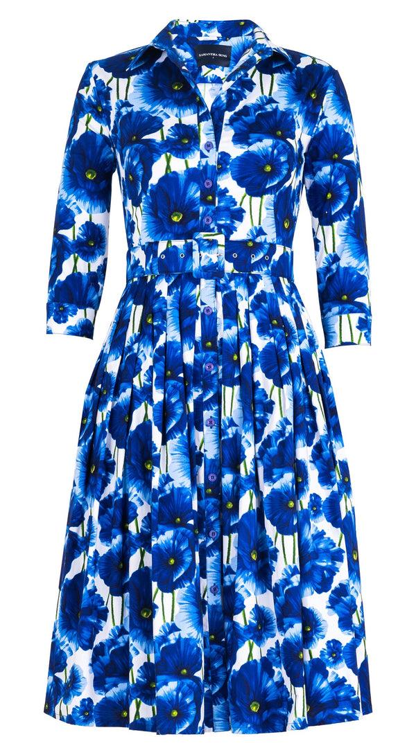 Samantha Sung Audrey Dress #2 Shirt Collar 3/4 Sleeve Long Length Cotton Stretch (Waterfall Poppy)