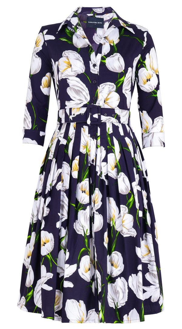 Samantha Sung Audrey Dress #2 Shirt Collar 3/4 Sleeve Long Length Cotton Stretch (White Tulip)