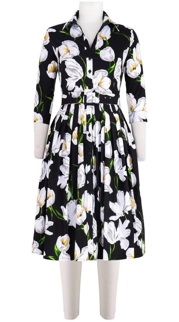 samantha sung Audrey Dress #2 Shirt Collar 3/4 Sleeve Long Length Cotton Stretch (White Tulip)
