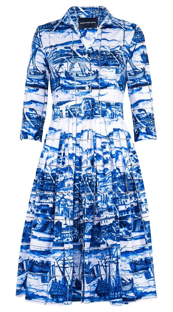 samantha sung Audrey Dress #2 Shirt Collar 3/4 Sleeve Long Length Cotton Stretch (Azulejo All Over)