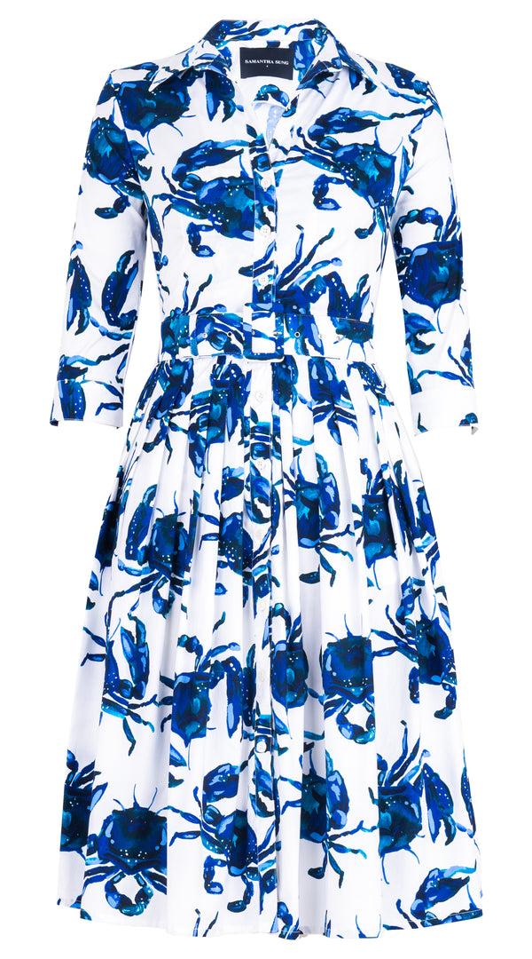 samantha sung Audrey Dress #2 Shirt Collar 3/4 Sleeve Long Length Cotton Stretch (Crab Art)