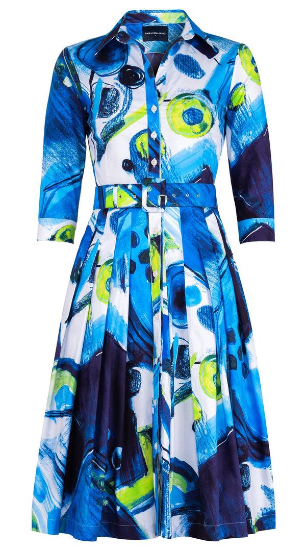 samantha sung Audrey Dress #2 Shirt Collar 3/4 Sleeve Long Length Cotton Stretch (Bastera Painting)