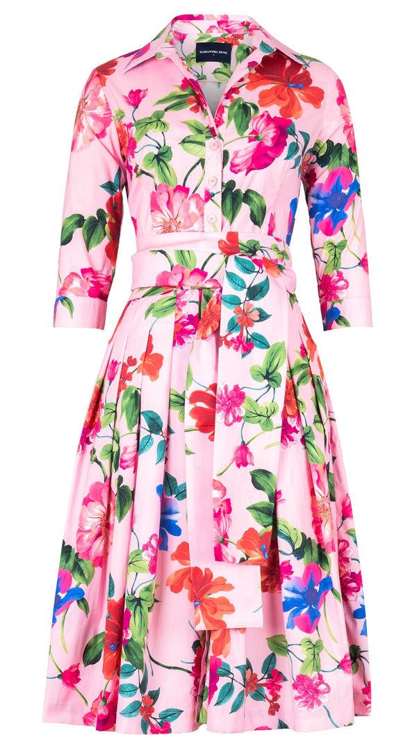 Samantha Sung Audrey Dress #2 Shirt Collar 3/4 Sleeve Long Length Cotton Stretch (Fiori Florance)