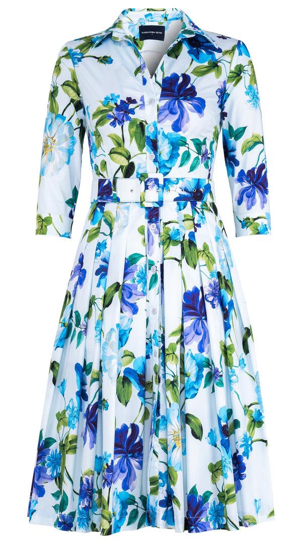 samantha sung Audrey Dress #2 Shirt Collar 3/4 Sleeve Long Length Cotton Stretch (Fiori Florance)