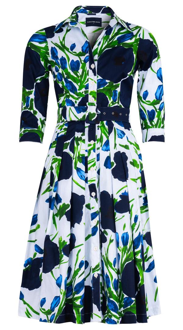 samantha sung Audrey Dress #2 Shirt Collar 3/4 Sleeve Long Length Cotton Stretch (Fiori Poppy Big Pastel)