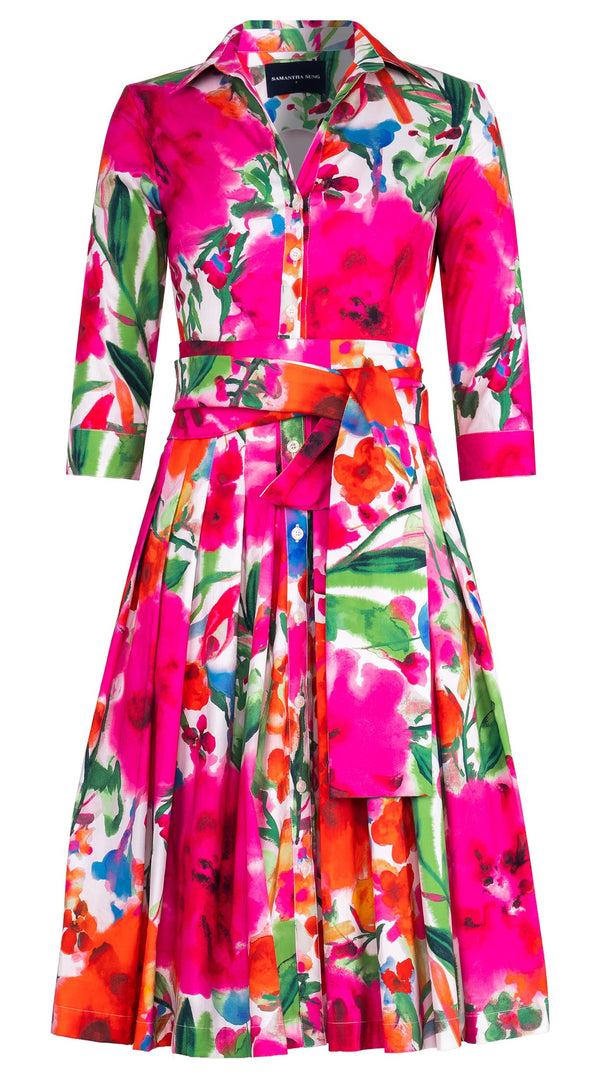 Samantha Sung Audrey Dress #2 Shirt Collar 3/4 Sleeve Long Length Cotton Stretch (Watercolor Bloom)