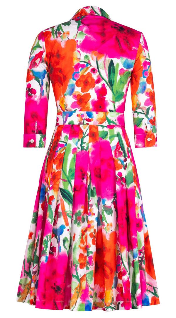 Samantha Sung Audrey Dress #2 Shirt Collar 3/4 Sleeve Long Length Cotton Stretch (Watercolor Bloom)