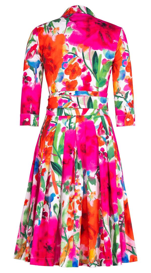 Samantha Sung Audrey Dress #2 Shirt Collar 3/4 Sleeve Long Length Cotton Stretch (Watercolor Bloom)