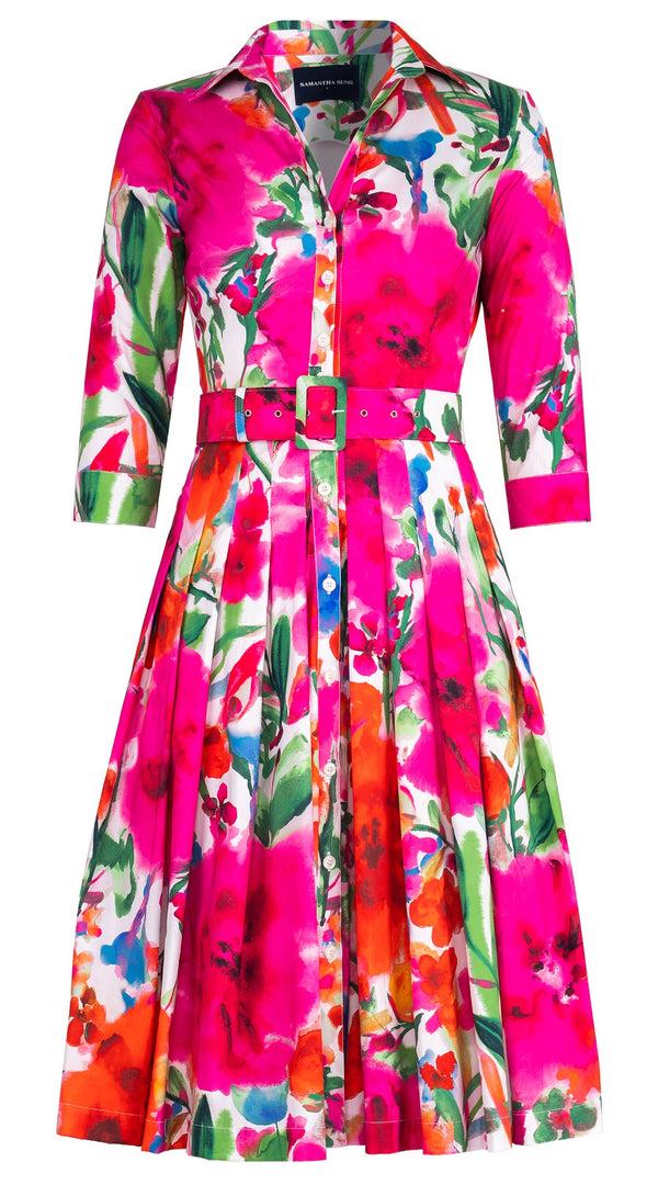 samantha sung Audrey Dress #2 Shirt Collar 3/4 Sleeve Long Length Cotton Stretch (Watercolor Bloom)