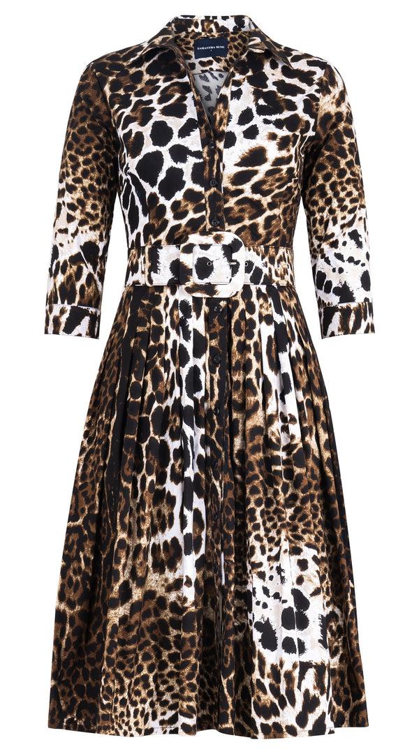 samantha sung Audrey Dress #2 Shirt Collar 3/4 Sleeve Long Length Cotton Stretch (Colombo Leopard)