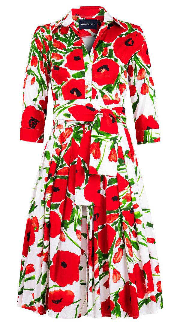 Samantha Sung Audrey Dress #2 Shirt Collar 3/4 Sleeve Long Length Cotton Stretch (Fiori Poppy Big White)