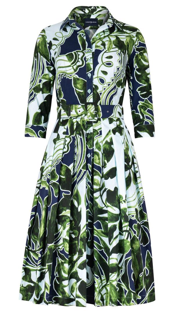 samantha sung Audrey Dress #2 Shirt Collar 3/4 Sleeve Long Length Cotton Stretch (Como Lake Garden Pastel)