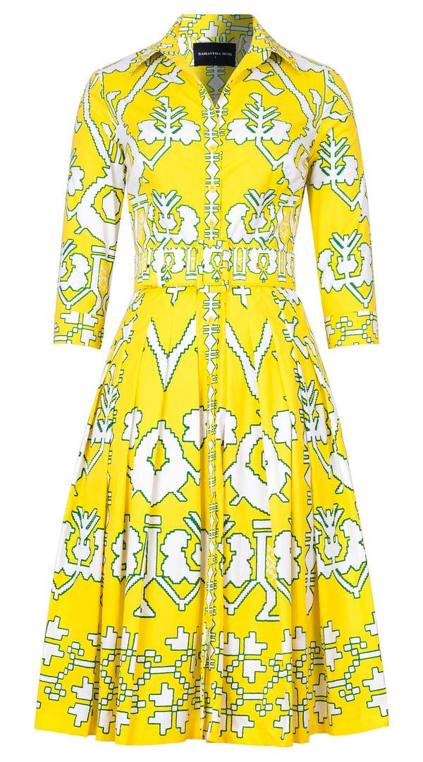 samantha sung Audrey Dress #2 Shirt Collar 3/4 Sleeve Long Length Cotton Stretch (Kos Embroidery Ground)