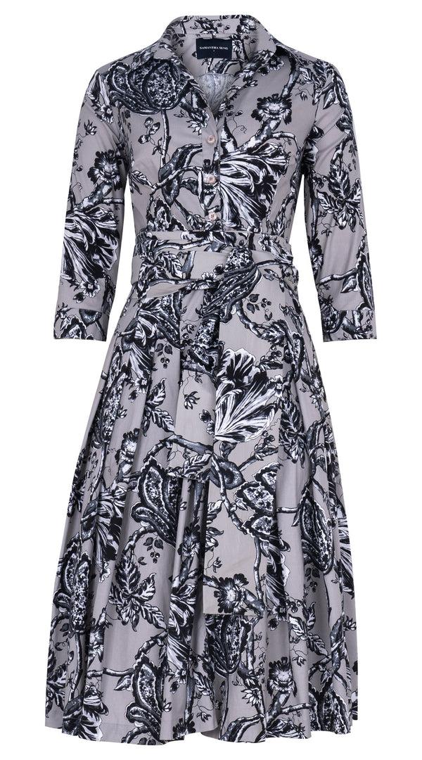 Samantha Sung Audrey Dress #2 Shirt Collar 3/4 Sleeve Long Length Cotton Stretch (Lillie Toile Black)