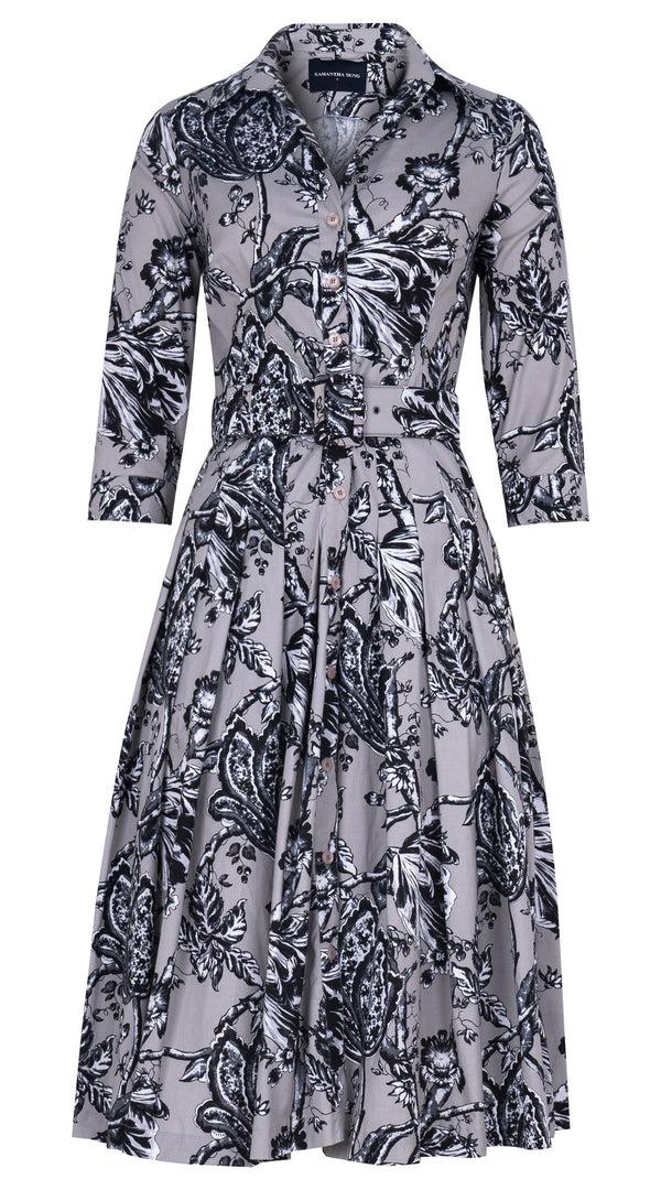 samantha sung Audrey Dress #2 Shirt Collar 3/4 Sleeve Long Length Cotton Stretch (Lillie Toile Black)
