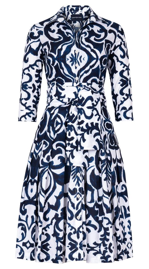 Samantha Sung Audrey Dress #2 Shirt Collar 3/4 Sleeve Long Length Cotton Stretch (Maiolica Blue Tile Small)