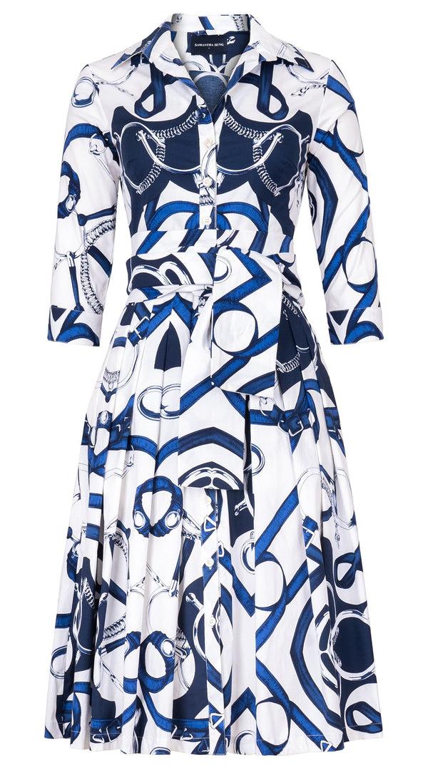 Samantha Sung Audrey Dress #2 Shirt Collar 3/4 Sleeve Long Length Cotton Stretch (Secretariat Horse White Bright)