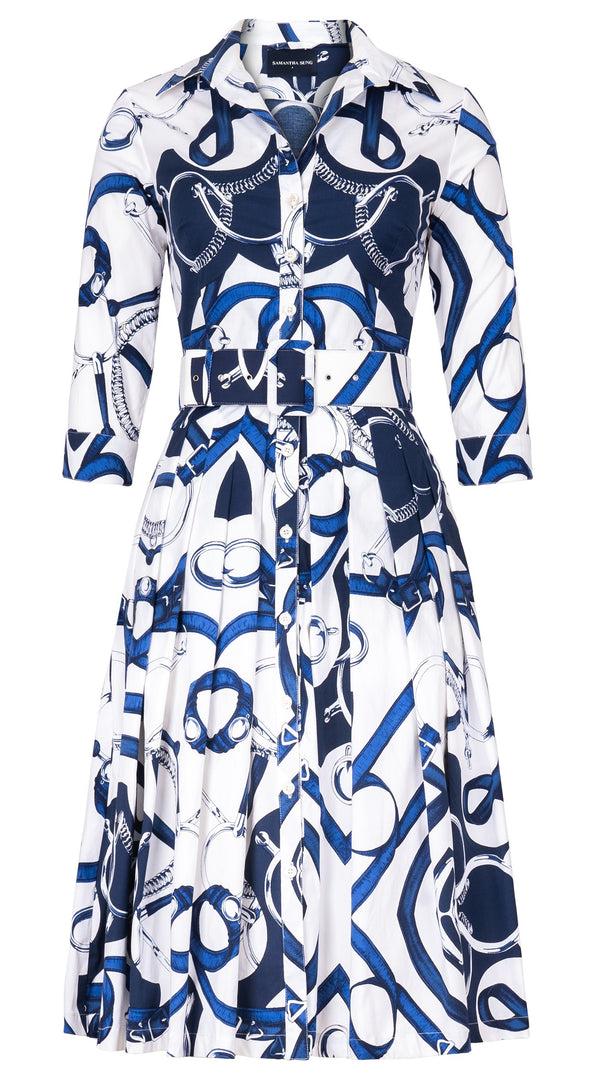 samantha sung Audrey Dress #2 Shirt Collar 3/4 Sleeve Long Length Cotton Stretch (Secretariat Horse White Bright)