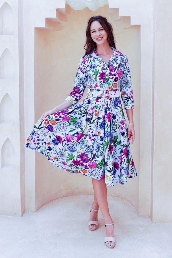 Samantha Sung Audrey Dress #2 Shirt Collar 3/4 Sleeve Long Length Cotton Stretch (Multicolor Botanic Small)