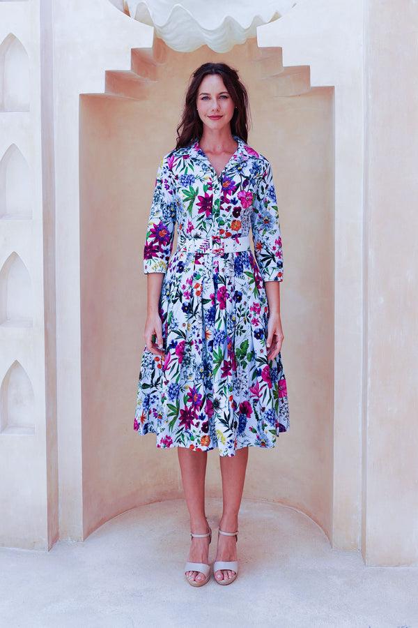 samantha sung Audrey Dress #2 Shirt Collar 3/4 Sleeve Long Length Cotton Stretch (Multicolor Botanic Small)