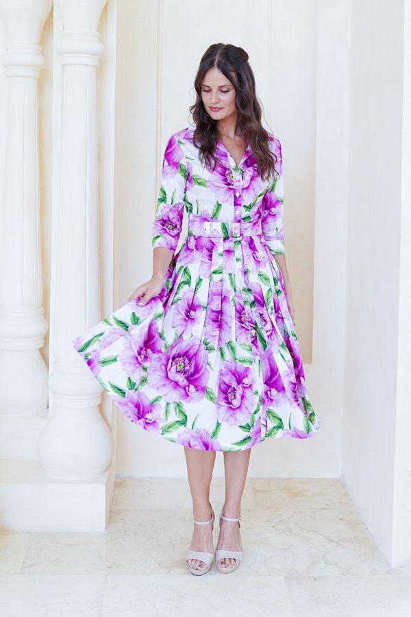 Samantha Sung Audrey Dress #2 Shirt Collar 3/4 Sleeve Long Length Cotton Stretch (Pastel Magnolia White)