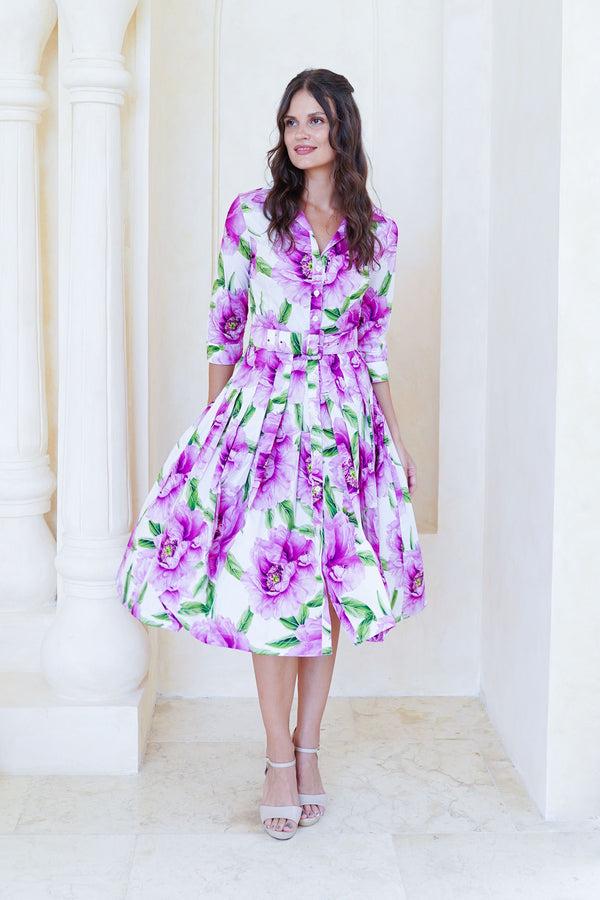 Samantha Sung Audrey Dress #2 Shirt Collar 3/4 Sleeve Long Length Cotton Stretch (Pastel Magnolia White)