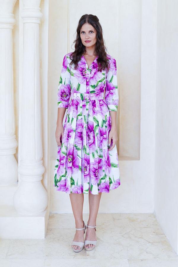 samantha sung Audrey Dress #2 Shirt Collar 3/4 Sleeve Long Length Cotton Stretch (Pastel Magnolia White)