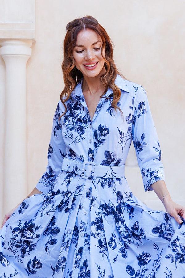 Samantha Sung Audrey Dress #2 Shirt Collar 3/4 Sleeve Long Length Cotton Stretch (Thorn Bud Rose Small Ground)