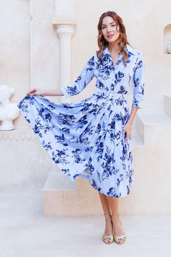 Samantha Sung Audrey Dress #2 Shirt Collar 3/4 Sleeve Long Length Cotton Stretch (Thorn Bud Rose Small Ground)