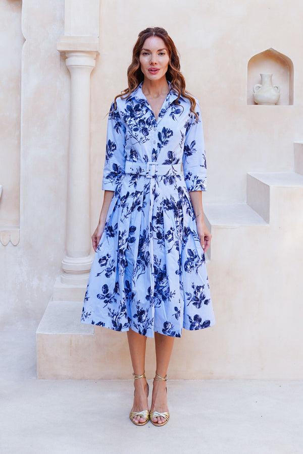 samantha sung Audrey Dress #2 Shirt Collar 3/4 Sleeve Long Length Cotton Stretch (Thorn Bud Rose Small Ground)