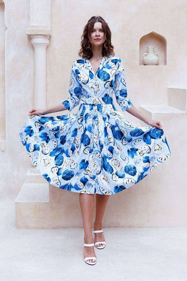 Samantha Sung Audrey Dress #2 Shirt Collar 3/4 Sleeve Long Length Cotton Stretch (Watercolor Soursop Pastel)