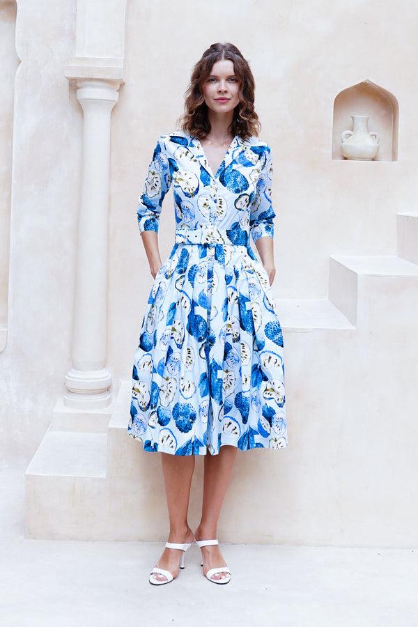 Samantha Sung Audrey Dress #2 Shirt Collar 3/4 Sleeve Long Length Cotton Stretch (Watercolor Soursop Pastel)