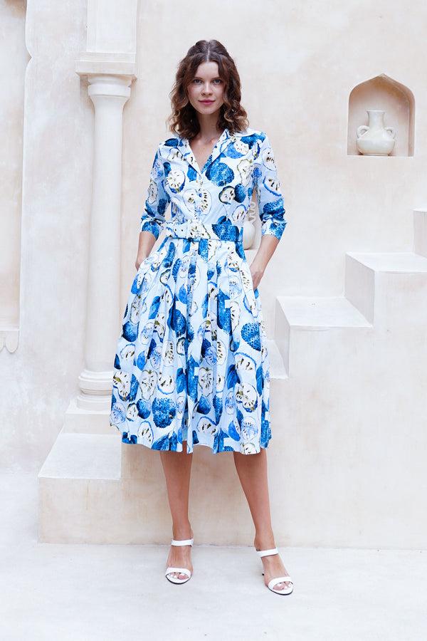 samantha sung Audrey Dress #2 Shirt Collar 3/4 Sleeve Long Length Cotton Stretch (Watercolor Soursop Pastel)