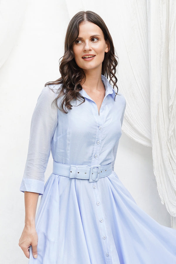 Samantha Sung Audrey Dress #2 Shirt Collar 3/4 Sleeve Long Length Cotton Stretch (Solid)