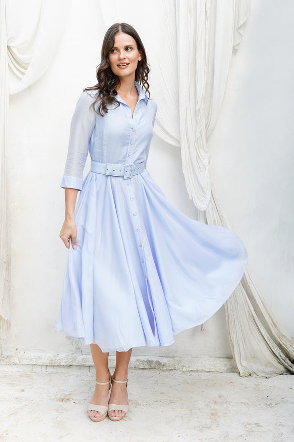 samantha sung Audrey Dress #2 Shirt Collar 3/4 Sleeve Long Length Cotton Stretch (Solid)