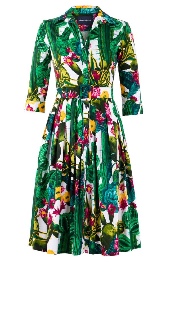 samantha sung Audrey Dress #2 Shirt Collar 3/4 Sleeve Long Length Cotton Stretch (Tropical Cactus)