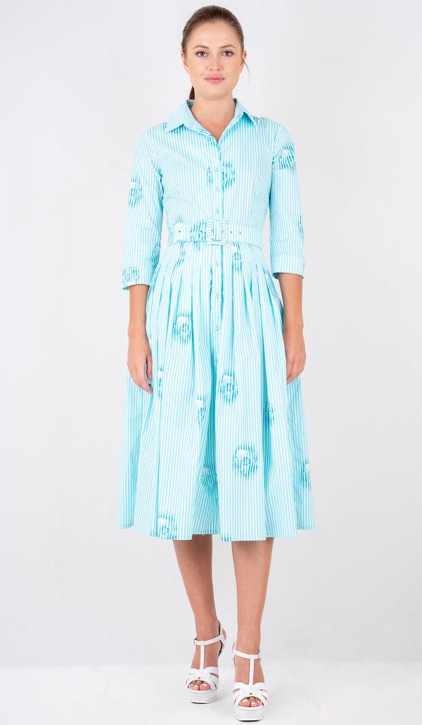 samantha sung Audrey Dress #2 Shirt Collar 3/4 Sleeve Long Length Cotton Stretch (Oxford Stripe) 8