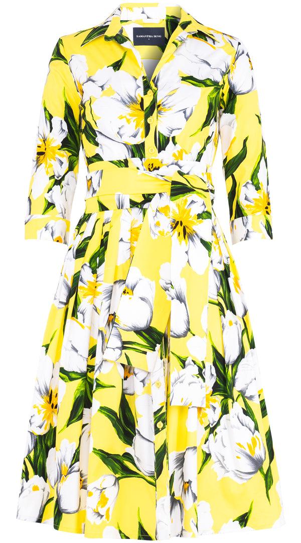 Samantha Sung Audrey Dress #2 Shirt Collar 3/4 Sleeve Long Length Cotton Stretch (Emperor Tulip Bright) 1