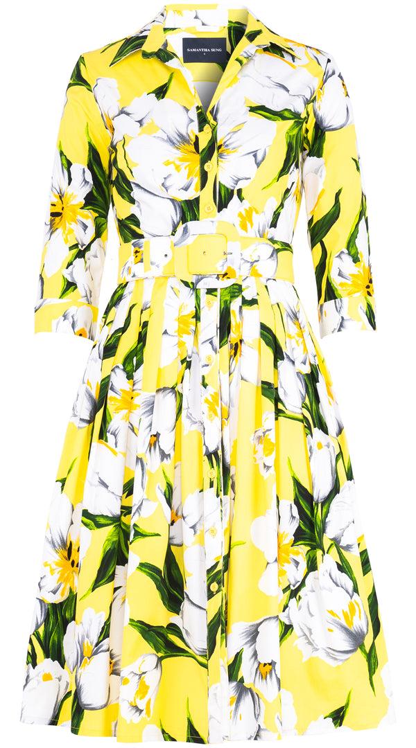 samantha sung Audrey Dress #2 Shirt Collar 3/4 Sleeve Long Length Cotton Stretch (Emperor Tulip Bright) 1