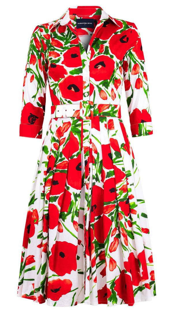 samantha sung Audrey Dress #2 Shirt Collar 3/4 Sleeve Long Length Cotton Stretch (Fiori Poppy Big White) samantha sung Audrey Dress #2 Shirt Collar 3/4 Sleeve Long Length Cotton Stretch (Fiori Poppy Big White)