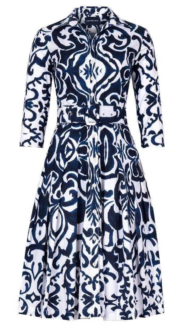 samantha sung Audrey Dress #2 Shirt Collar 3/4 Sleeve Long Length Cotton Stretch (Maiolica Blue Tile Small) samantha sung Audrey Dress #2 Shirt Collar 3/4 Sleeve Long Length Cotton Stretch (Maiolica Blue Tile Small)