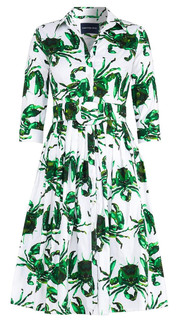 Samantha Sung Audrey Dress #2 Shirt Collar 3/4 Sleeve Long Length Cotton Stretch (Crab Art)