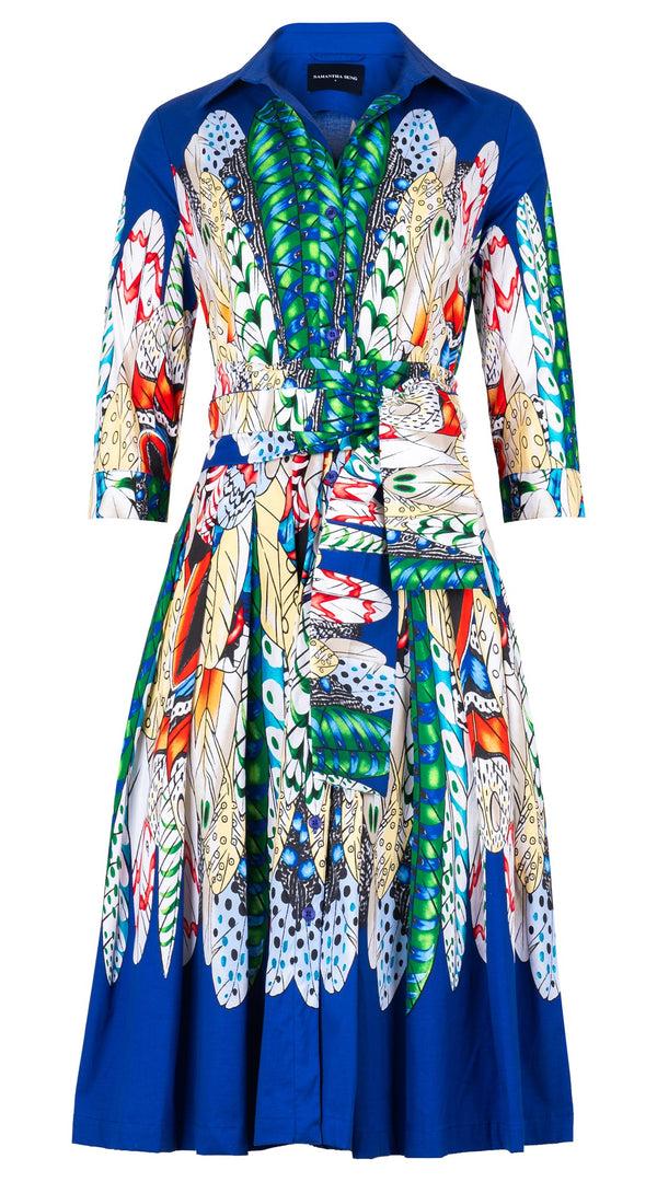 Samantha Sung Audrey Dress #2 Shirt Collar 3/4 Sleeve Long Length Cotton Stretch (African Feather)