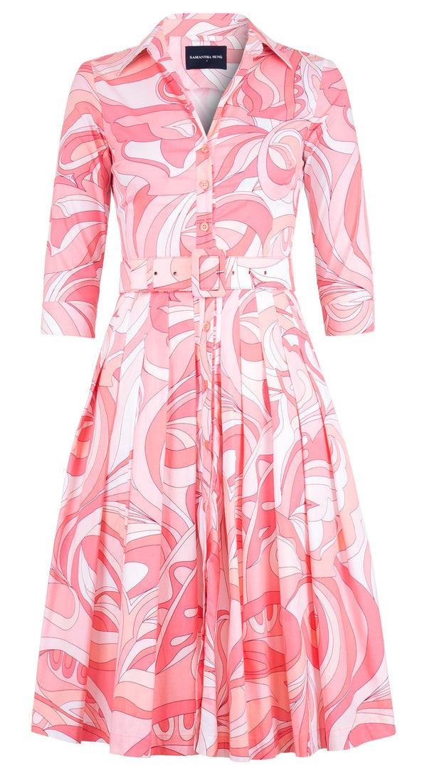 Samantha Sung Audrey Dress #2 Shirt Collar 3/4 Sleeve Long Length Cotton Stretch (Pucciesque Graphic)