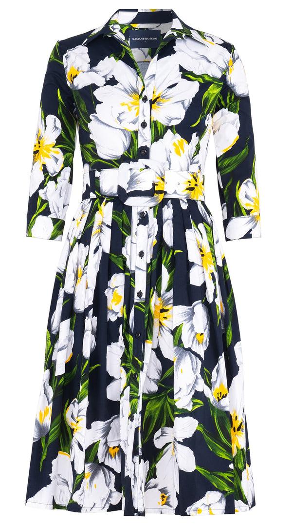 samantha sung Audrey Dress #2 Shirt Collar 3/4 Sleeve Long Length Cotton Stretch (Emperor Tulip Bright)