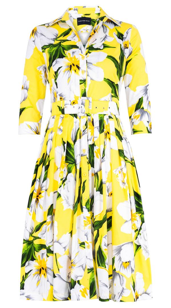 Samantha Sung Audrey Dress #2 Shirt Collar 3/4 Sleeve Long Length Cotton Stretch (Emperor Tulip Bright)