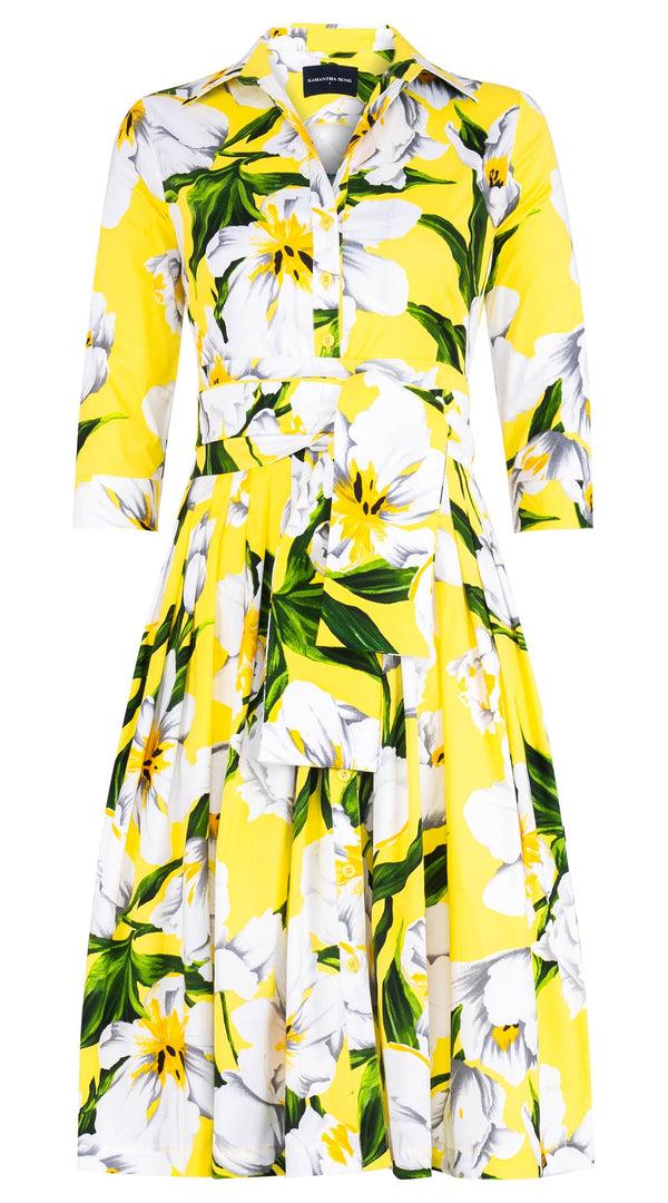 Samantha Sung Audrey Dress #2 Shirt Collar 3/4 Sleeve Long Length Cotton Stretch (Emperor Tulip Bright)