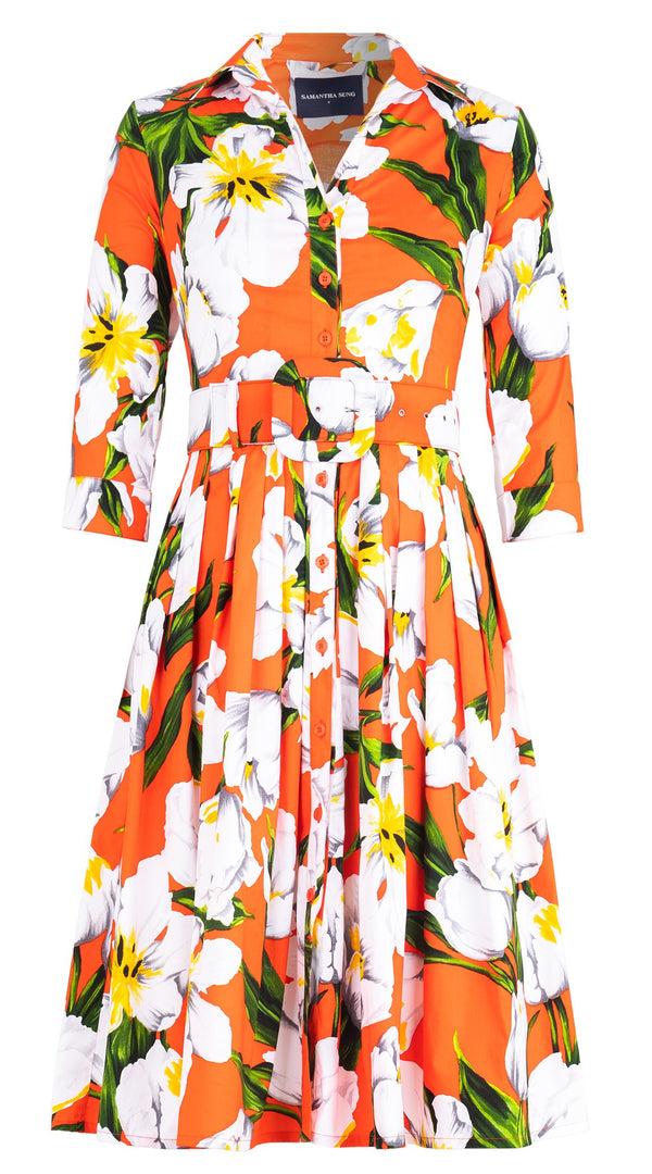 Samantha Sung Audrey Dress #2 Shirt Collar 3/4 Sleeve Long Length Cotton Stretch (Emperor Tulip Bright)