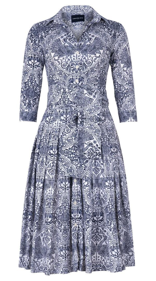Samantha Sung Audrey Dress #2 Shirt Collar 3/4 Sleeve Long Length Cotton Stretch (Peacock Toile White)