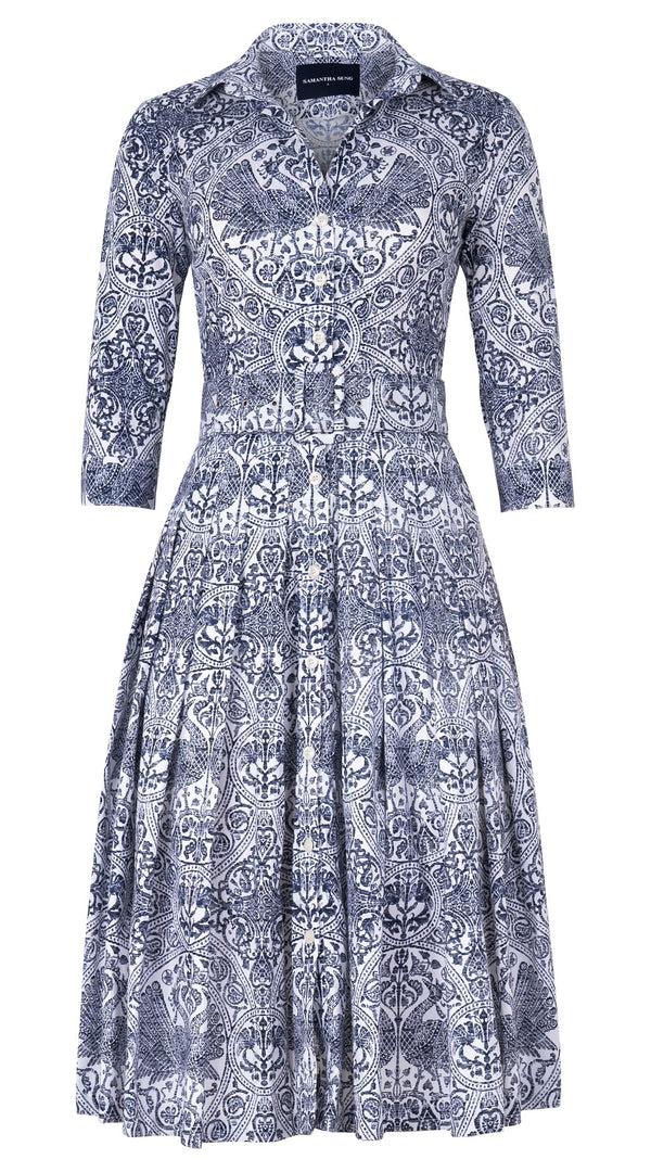 samantha sung Audrey Dress #2 Shirt Collar 3/4 Sleeve Long Length Cotton Stretch (Peacock Toile White)